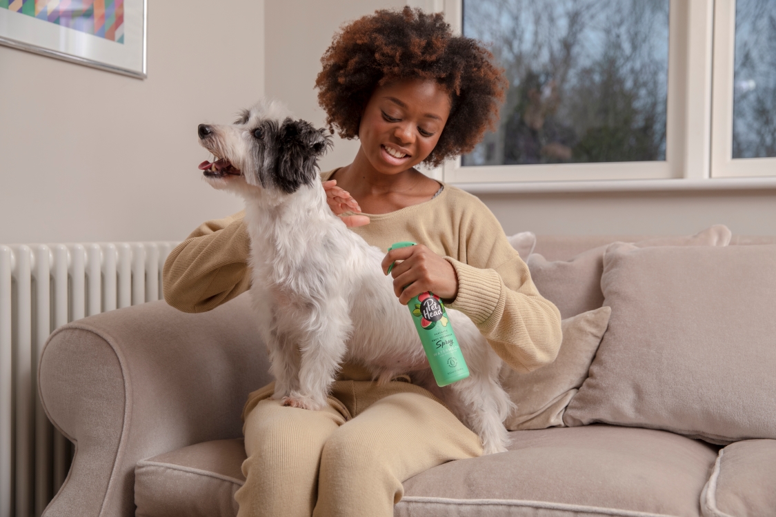 Lady applying Furtastic spray to her Terrier