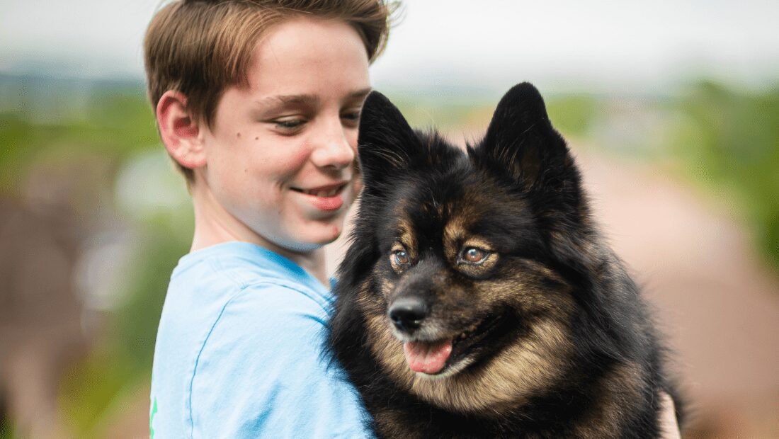 A Pomeranian dog being held by a young lad
