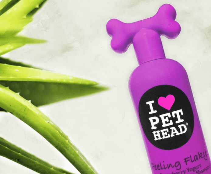 A bottle of Pet Head Feeling Flaky next to a cactus