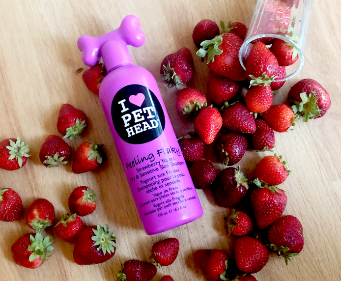 A bottle of Pet Head Feeling Flaky next to some strawberries