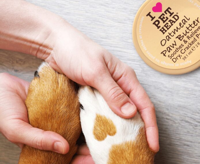 Dog's paws held next to a tub of Pet Head Oatmeal Paw Butter