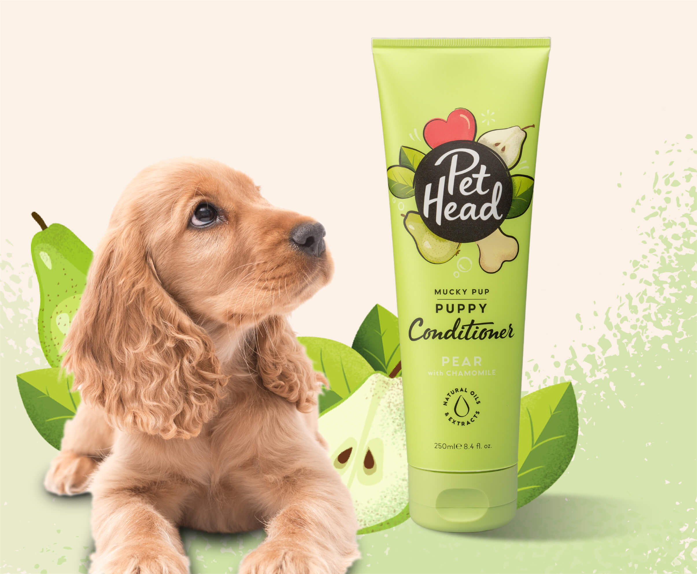 Product shot of the Pet Head Mucky Pup Conditioner with a cockapoo in the background