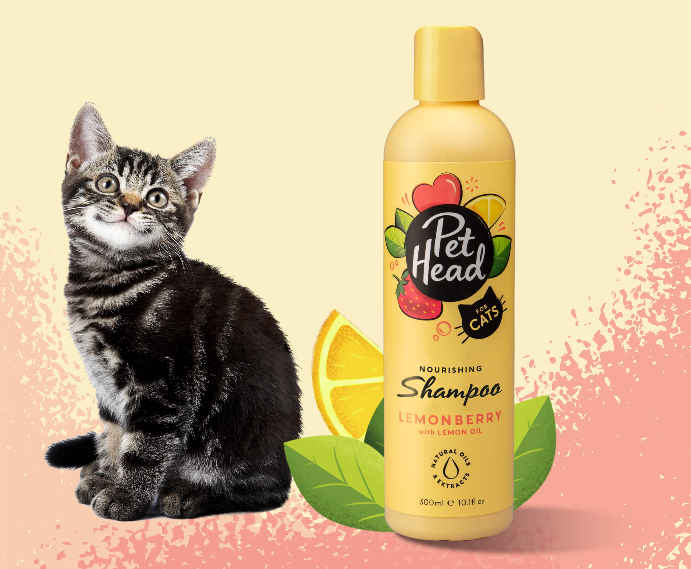 Product shot of the Pet Head Felin' Good shampoo next to a happy kitten