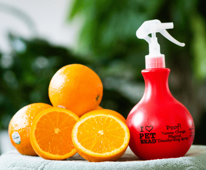 Pet Head Poof Spray next to some oranges
