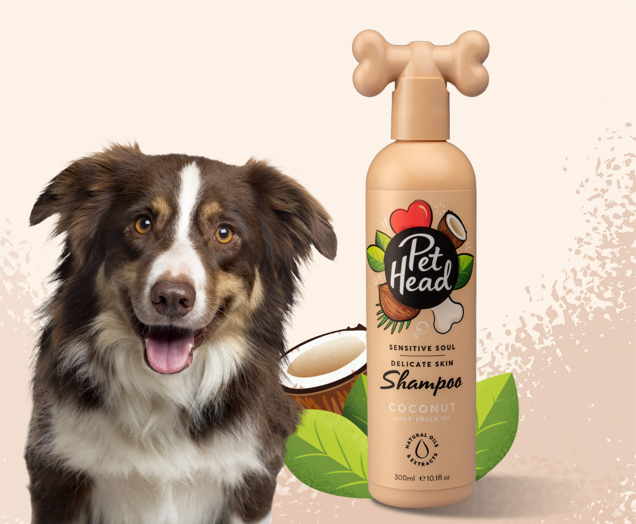 Product shot of the Pet Head Sensitive Soul Shampoo next to a happy dog