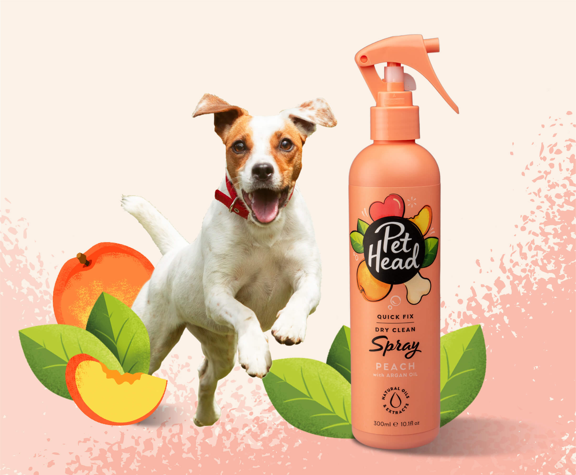 Product shot of the Pet Head Quick Fix Spray next to a happy dog