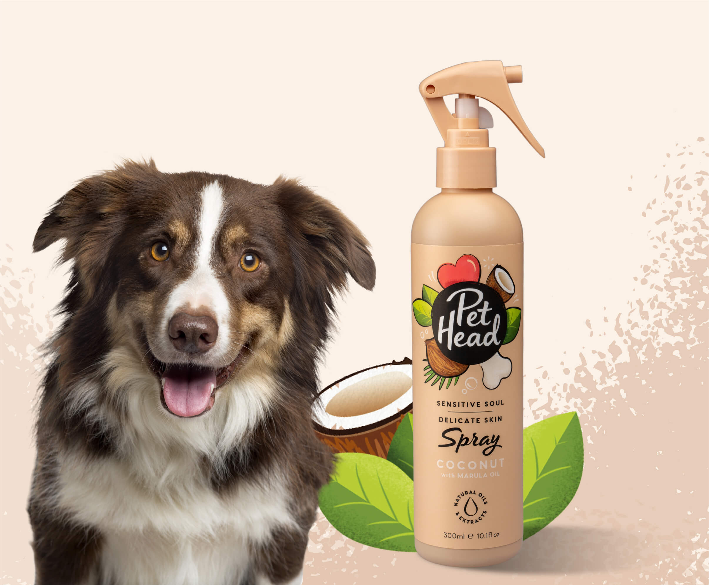 Product shot of the Pet Head Sensitive Soul Spray next to a happy dog