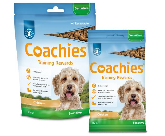 Packaging for the two sizes of Coachies Sensitive Training Rewards
