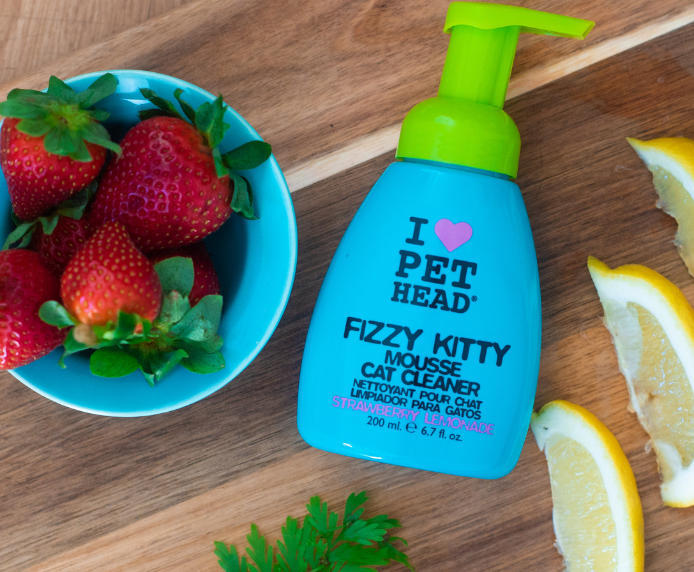 Pet Head Fizzy Kitty Mousse next to some strawberries