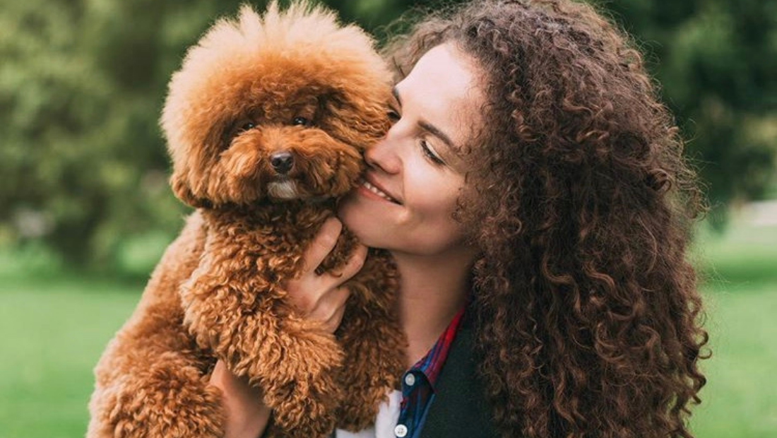 A fluffy dog being held by a woman in a park