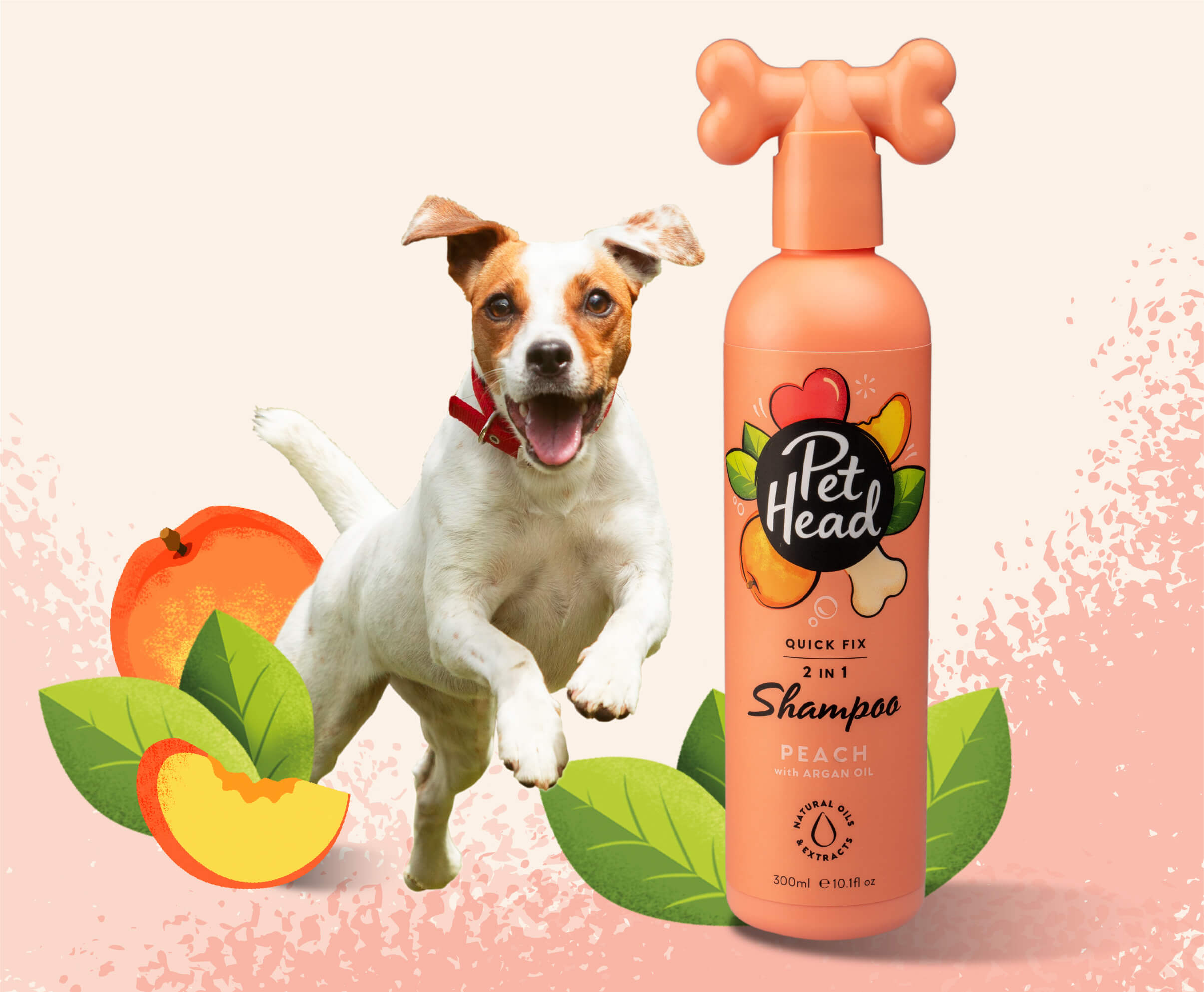 Product shot of the Pet Head Quick Fix Shampoo next to a happy dog
