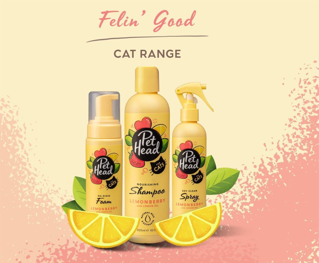 A collection of Felin' Good cat grooming products, including lemonberry foam and shampoo, emphasizing the importance of using species-specific products in multi-pet households.
