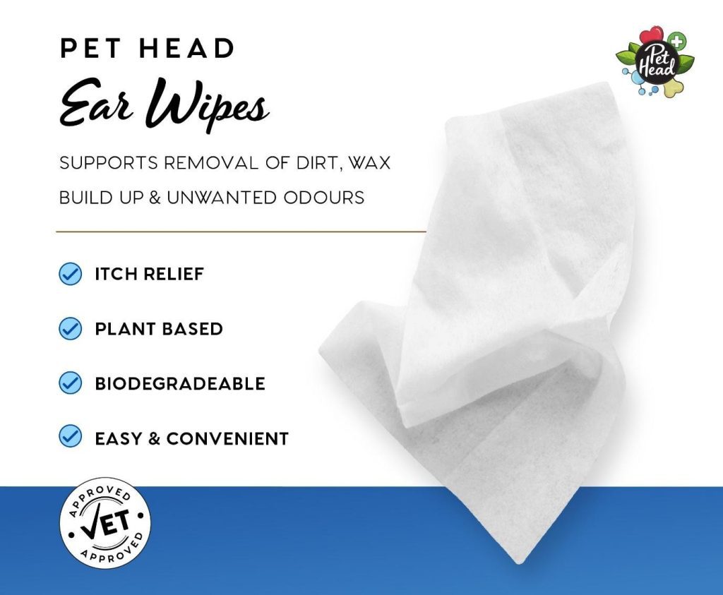 A product feature graphic for Pet Head Ear Wipes, highlighting that they are plant-based, biodegradable, vet-approved, and an essential part of a dog grooming kit.