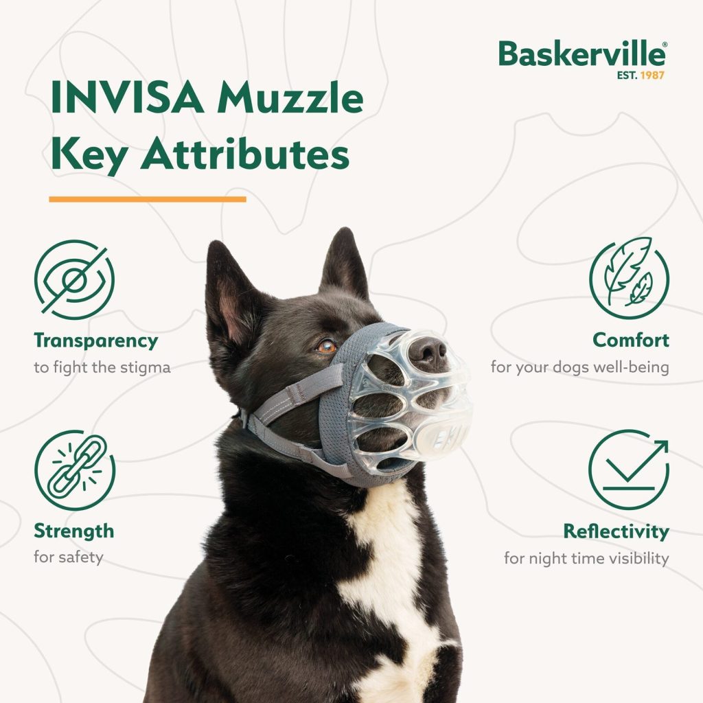 A black dog wearing a transparent INVISA muzzle with four highlighted attributes: transparency to fight muzzle stigma, high strength for safety, 360-degree padding for comfort and well-being, and reflectivity for nighttime visibility.