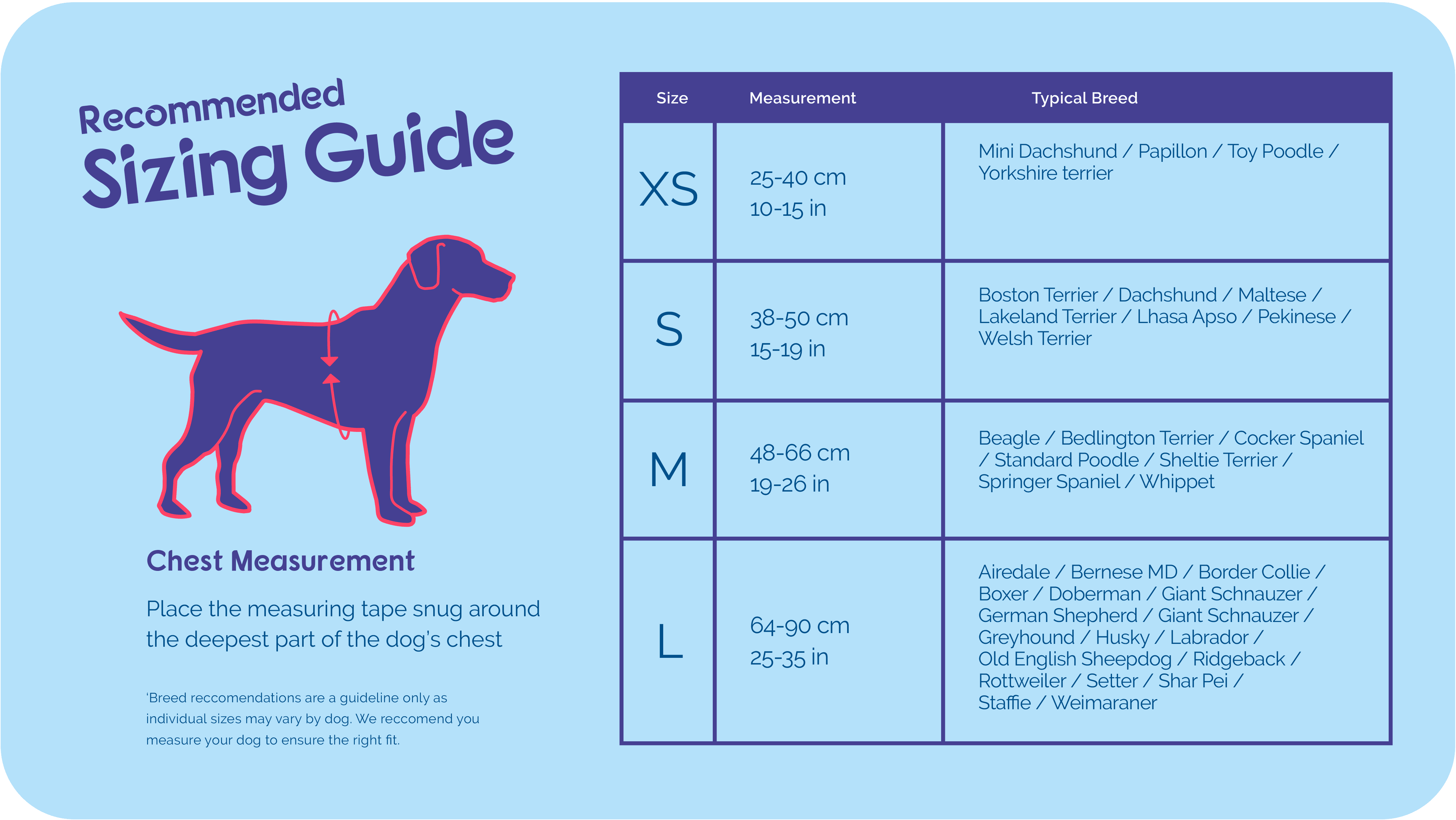 Size guide for Halti Walking Harness