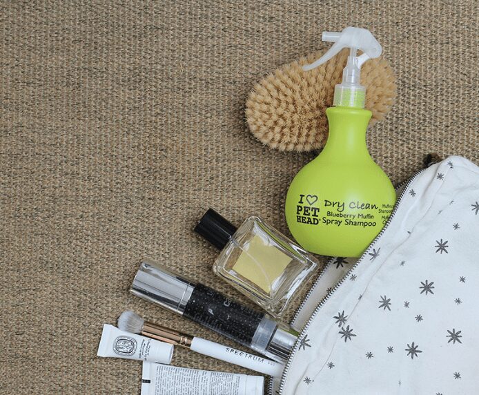 Abottle of Pet Head Dry Clean Spray next to some make up