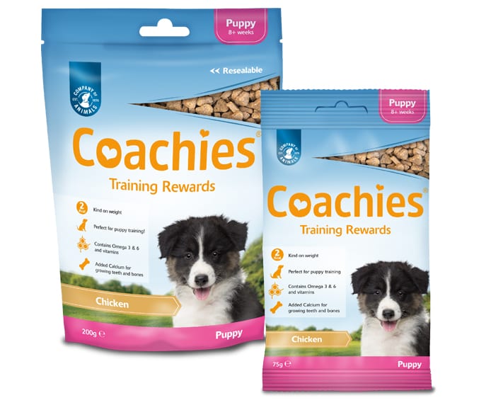 Packaging for the two sizes of Coachies Puppy Training Rewards