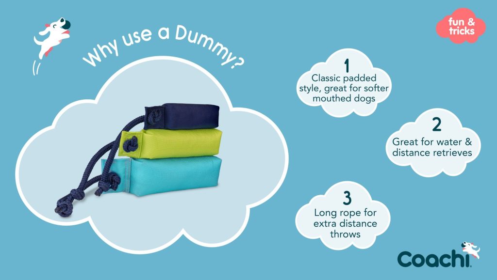 Coachi training dummy infographic showing padded dummy design with long rope, highlighting benefits such as suitability for soft-mouthed dogs, water retrieves, and long-distance throwing.