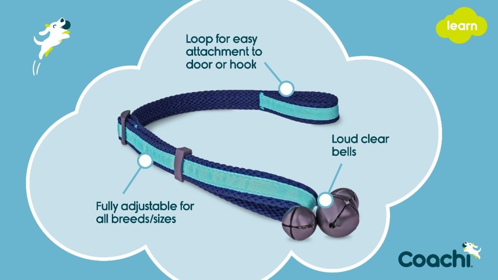Coachi Toilet Training Bells showing adjustable strap, loop for attaching to doors, and loud clear bells designed for all dog breeds and sizes.