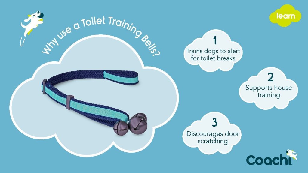 Coachi Toilet Training Bells shown with key benefits highlighted, including training dogs to alert for toilet breaks, supporting house training, and preventing door scratching.