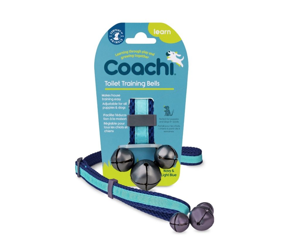 Product photo of Coachi Toilet Training Bells showing adjustable navy and light blue strap with bells, designed for easy puppy toilet training.