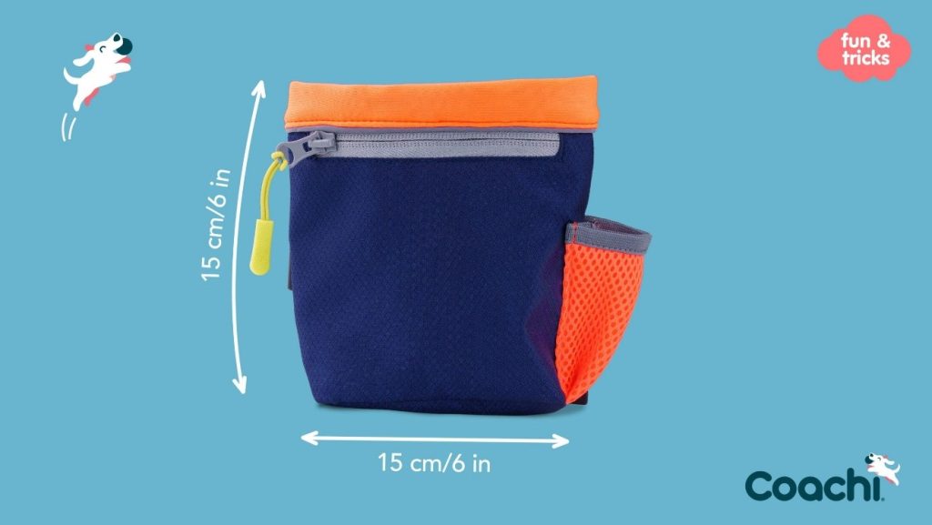 Coachi dog treat pouch shown with dimensions, highlighting compact size, front zip pocket, and side mesh accessory pocket for training essentials.
