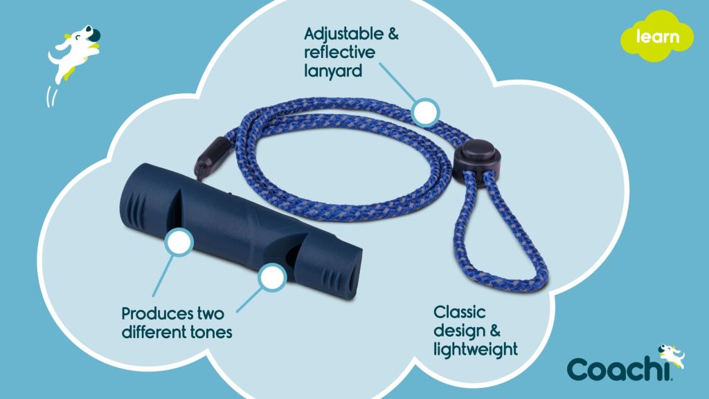 Infographic showing a Coachi two-tone dog training whistle with adjustable reflective lanyard, designed for clear recall and distance training.